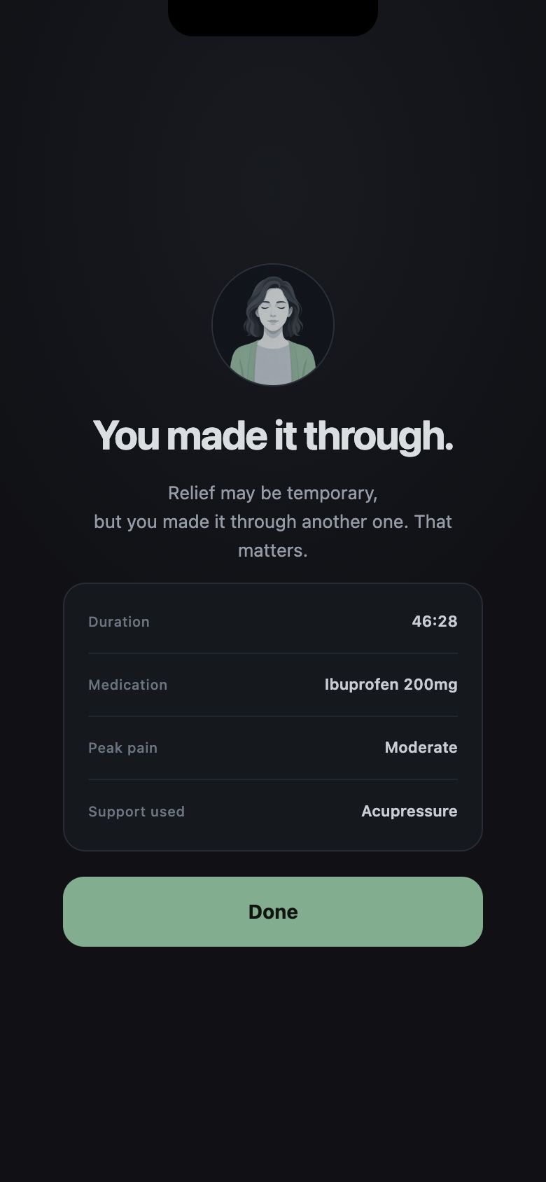 Completed attack summary with duration, medication, pain peak, and support used