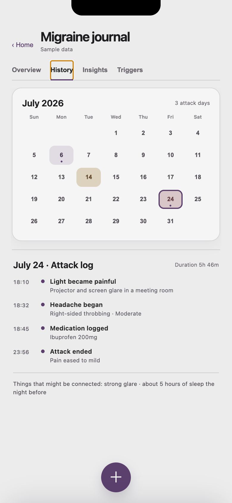 Migraine journal history with calendar and attack timeline