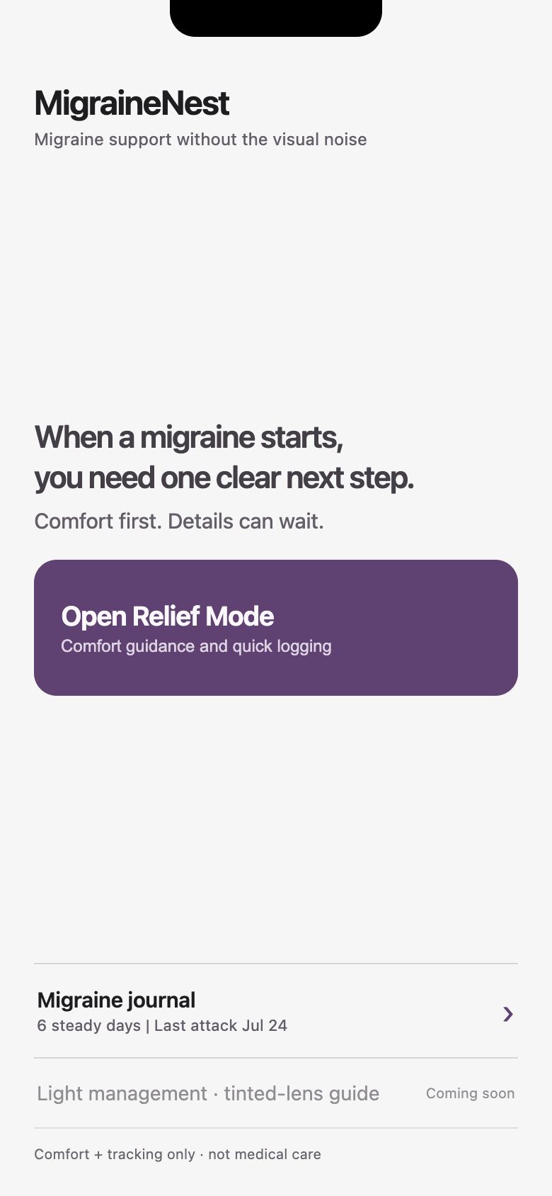 MigraineNest home with a clear Open Relief Mode action