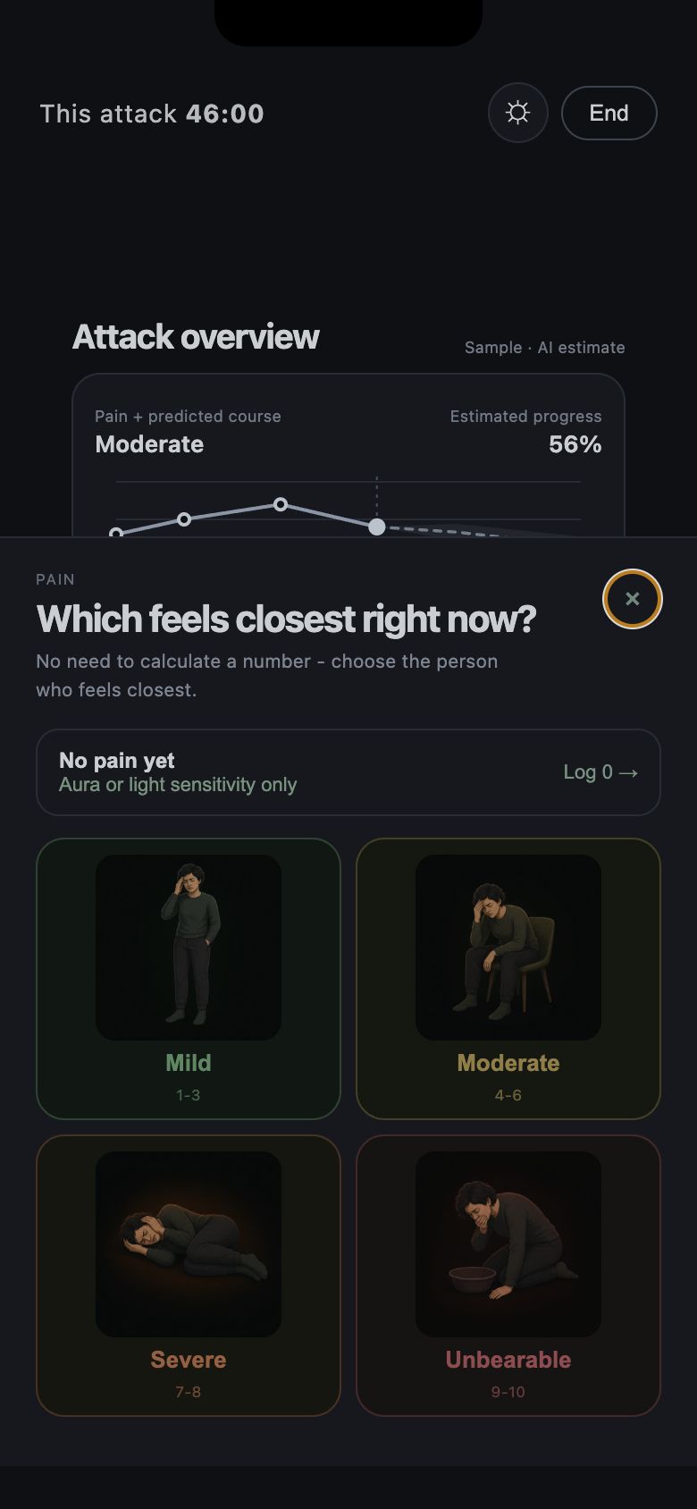 Pain quick log with visual severity choices