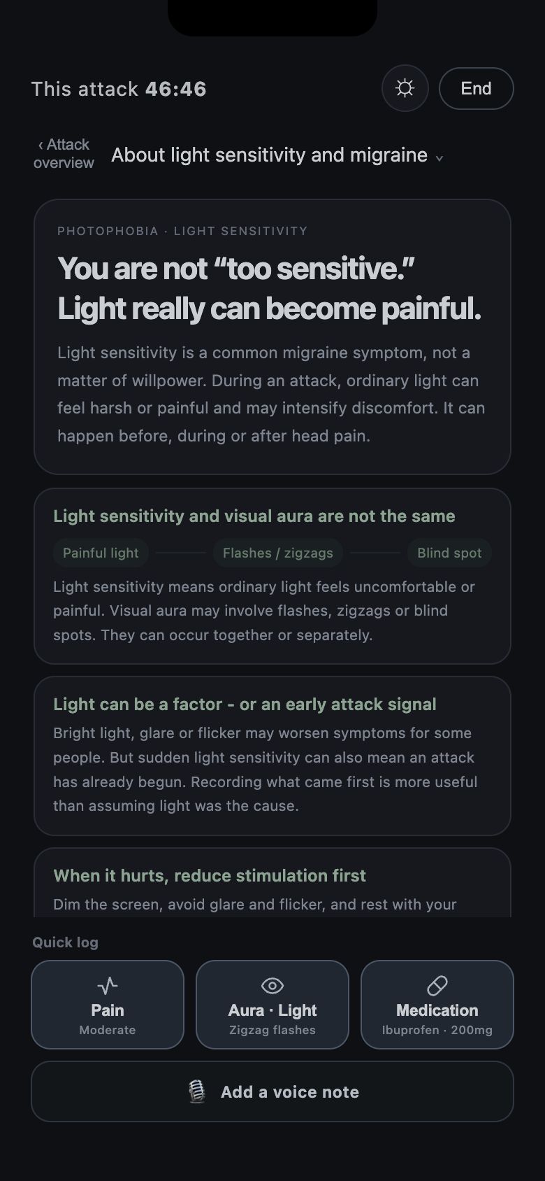 Photophobia and light sensitivity explanation in Relief Mode