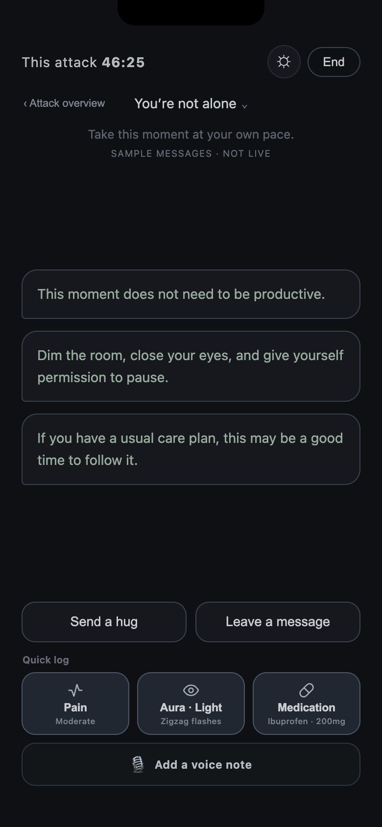 Low-stimulation reassurance options during an attack